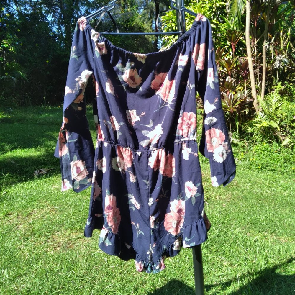E&M Off Shoulder Drawstring Ruffle Floral Romper - Picture 5 of 10
